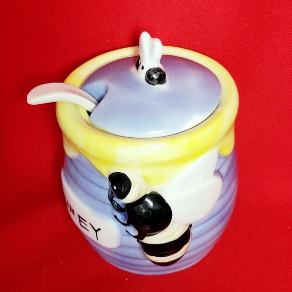 Honey Bee Honey Jar Porcelain Serving Spoon Blue Yellow Painted Ceramic - Picture 13 of 13